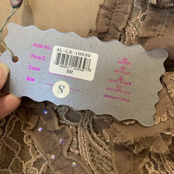 Pretty Angel Brown Mocha Small asymmetrical Crystal Lace Fairy Goth Blouse NWT - Picture 6 of 14